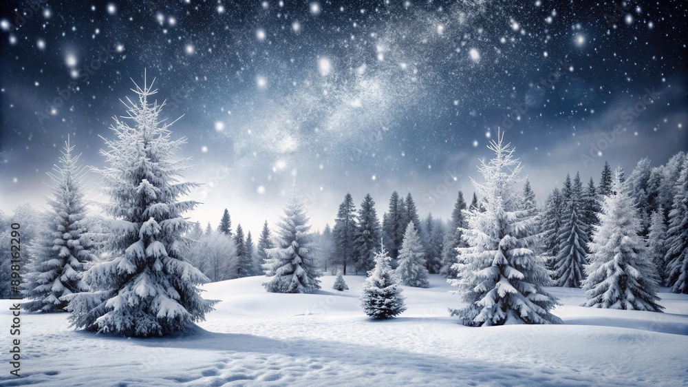 A serene black and white winter landscape featuring snow-covered trees and falling snowflakes, creating a tranquil scene. copy space A serene black and white winter landscape featuring snow-covered trees and falling snowflakes, creating a tranquil scene. copy space