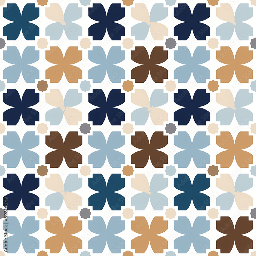 Fototapeta premium Geometric symmetrical seamless pattern in earth tones. Beige, blue, brown. For wallpaper, textile, ceramic, tile, branding, packaging, stationery. Moroccan tile