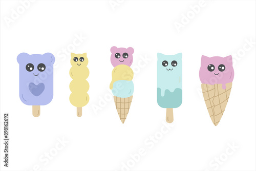 Set of color vector illustrations of cute icecream.