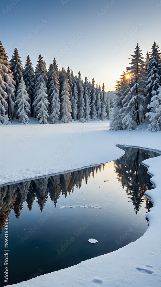 A serene winter landscape with snow-covered trees and a frozen lake, winter wonderland, peaceful, snowy, cold, tranquil, isolated, white, scenic, nature A serene winter landscape with snow-covered trees and a frozen lake, winter wonderland, peaceful, snowy, cold, tranquil, isolated, white, scenic, nature