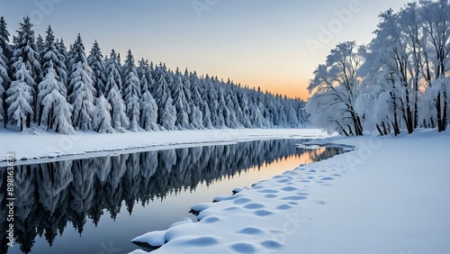 Wallpaper Mural A serene winter landscape with snow-covered trees and a frozen lake, winter wonderland, peaceful, snowy, cold, tranquil, isolated, white, scenic, nature Torontodigital.ca