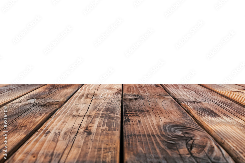 Empty old rustic wooden table top isolated on white background