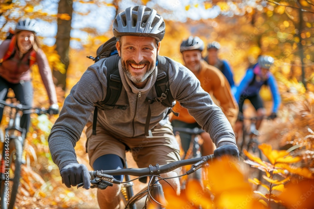 Group of friends enjoying a bike ride together in the peaceful and picturesque forest environment Group of friends enjoying a bike ride together in the peaceful and picturesque forest environment