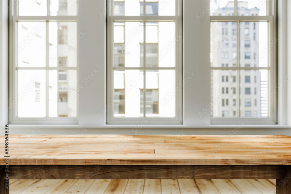 Fototapeta premium Empty wooden table presenting copy space in front of window