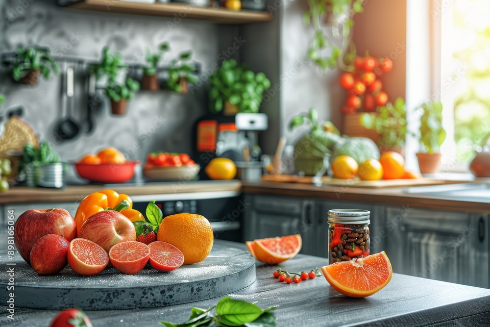 Modern kitchen with concrete countertop, fresh fruits, and stylish appliances in soft focus Modern kitchen with concrete countertop, fresh fruits, and stylish appliances in soft focus