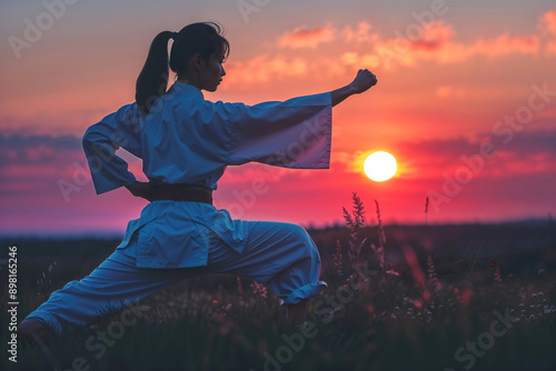 Silhouette of an oriental woman doing a martial arts kata with a sunset in the background.