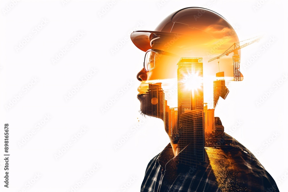 A professional wearing a hard hat and glasses is shown in a double exposure with an urban cityscape, representing the integration of technology and innovation in modern city development A professional wearing a hard hat and glasses is shown in a double exposure with an urban cityscape, representing the integration of technology and innovation in modern city development