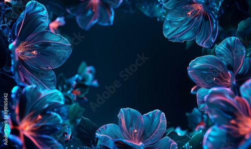 Glowing neon flowers on dark background, modern design vacation party banner
