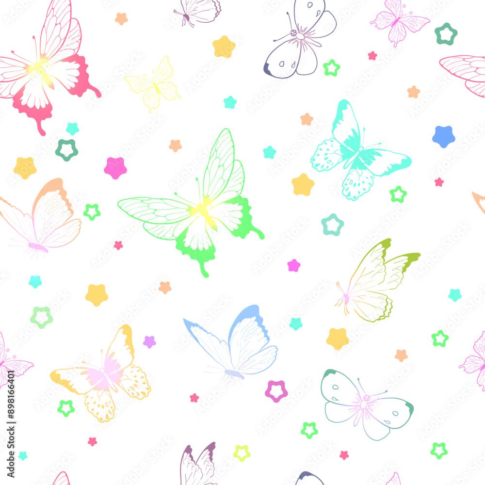 Butterfly seamless repeat pattern pastel design on white background. Random colorful butterfly silhouette, cute girly pastel pattern. Butterfly seamless repeat pattern pastel design on white background. Random colorful butterfly silhouette, cute girly pastel pattern.