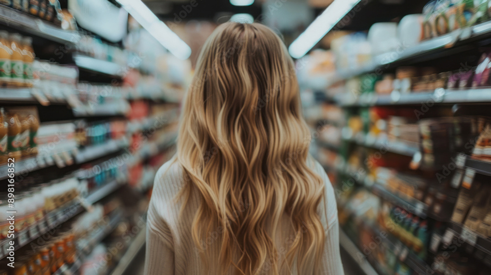 A woman with long blonde hair is standing in a grocery store aisle with a blurred background. A woman with long blonde hair is standing in a grocery store aisle with a blurred background.