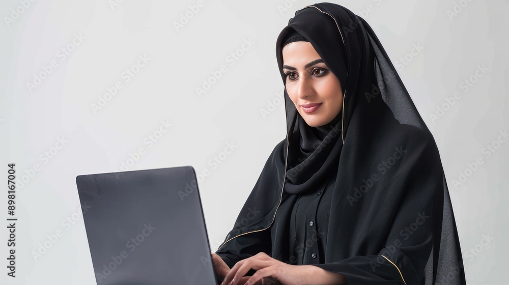 Abaya Arab businesswoman using laptop for work on white background Abaya Arab businesswoman using laptop for work on white background