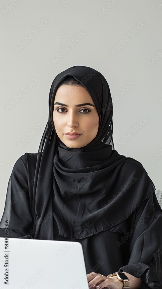 Abaya Arab businesswoman using laptop for work on white background Abaya Arab businesswoman using laptop for work on white background