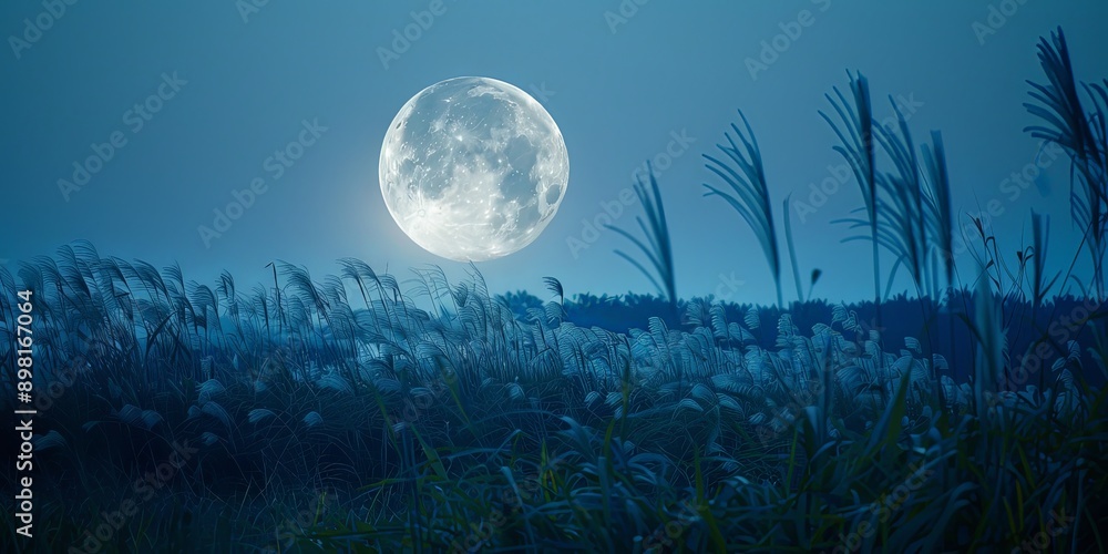 Fototapeta premium Full Moon Shining Serene Mountain Landscape Silver Grass