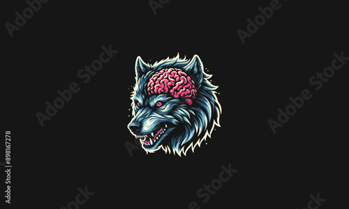 head wolf zombie with brain vector mascot design