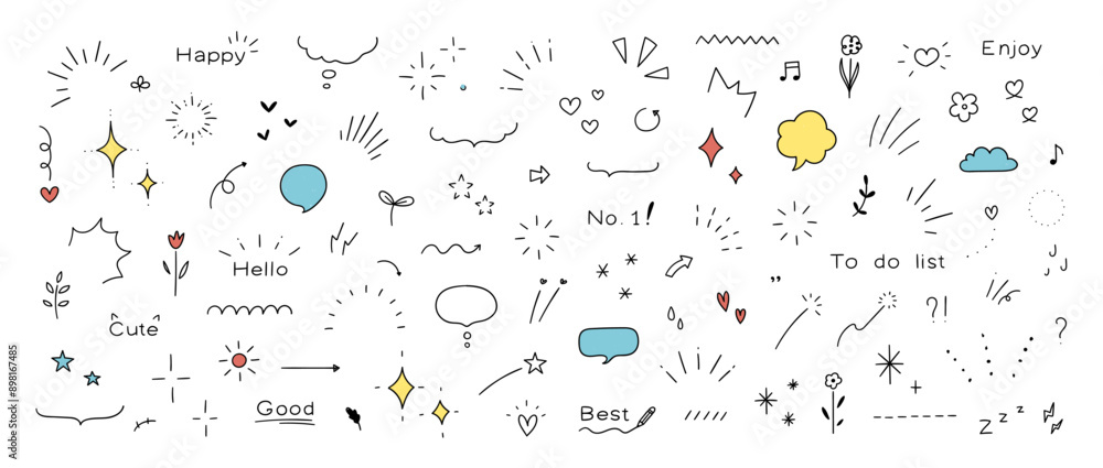 Doodle line elements of shiny pen. Heart, accent, star, icon with shiny decorations, flowers, heart. Vector illustration. Doodle line elements of shiny pen. Heart, accent, star, icon with shiny decorations, flowers, heart. Vector illustration.
