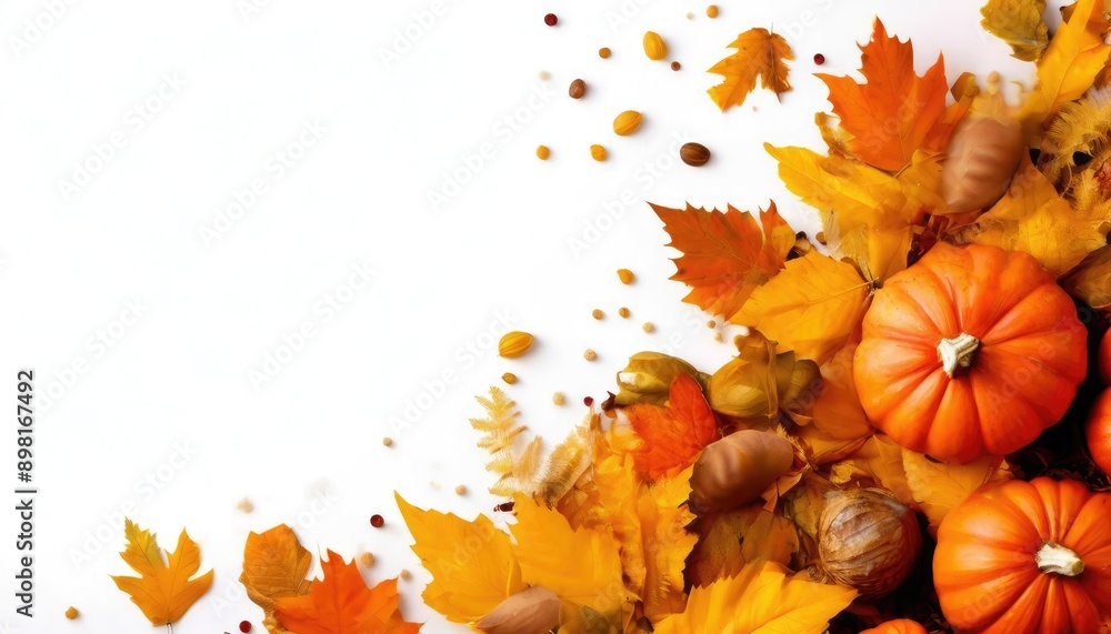 Autumn leaves and pumpkins on white background with large copy space in the middle and Autumn particles Autumn leaves and pumpkins on white background with large copy space in the middle and Autumn particles