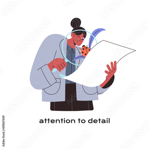 Attention to details concept. Employee does research, explores papers through magnifier. Perfectionist with obsession to precision. Person searches solution. Flat isolated vector illustration on white