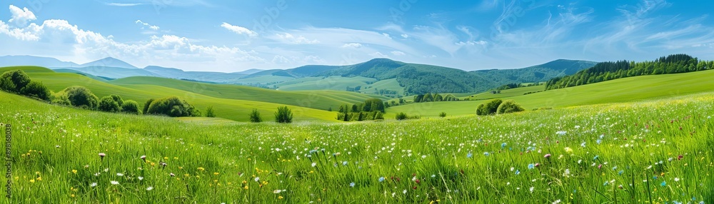 Fototapeta premium Idyllic rolling green hills with wildflowers, panoramic countryside, pastoral serenity