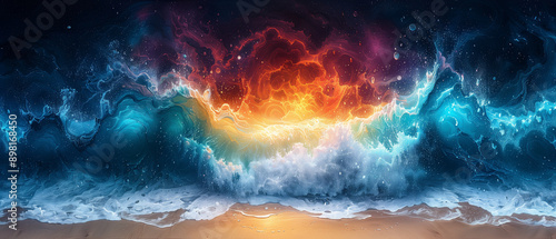 Fiery Cosmic Ocean: Surreal Seascape with Blazing Sky and Ethereal Waves