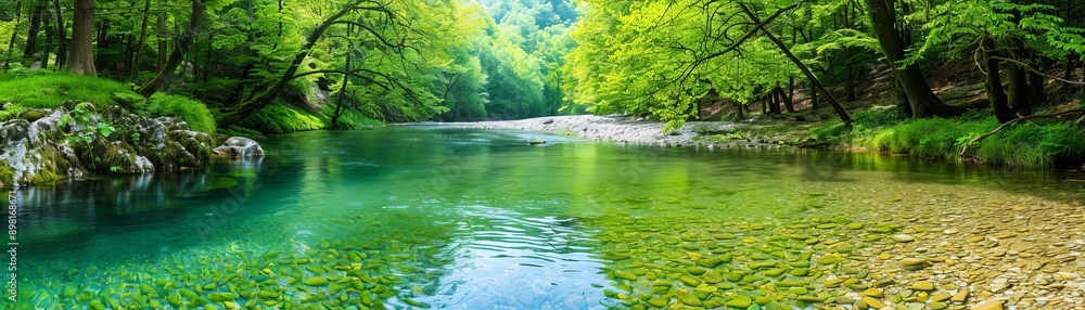 Serene forest river with crystal-clear water, dappled sunlight, tranquil nature Serene forest river with crystal-clear water, dappled sunlight, tranquil nature