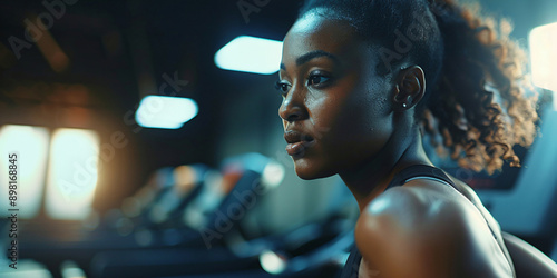 african determined woman works out at the gym, showcasing her focus and strength in pursuit of fitness goals