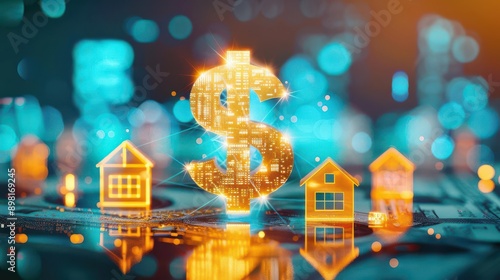 Golden dollar sign intertwined with various asset icons like houses and stocks, representing economic affordability and diversified assets