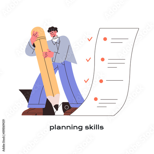 Effective planning and time management concept. Employee with ability to self organization, soft skills. Office worker completing task list with pencil. Flat isolated vector illustration on white