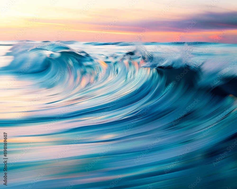 Abstract background wallpaper. Blurred background with flowing sea waves in shades of blue and teal, capturing the essence of water's movement. The sky is painted in hues of orange and pink at sunset Abstract background wallpaper. Blurred background with flowing sea waves in shades of blue and teal, capturing the essence of water's movement. The sky is painted in hues of orange and pink at sunset