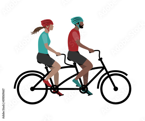 Couple riding tandem bicycle. Man and woman cycling together.