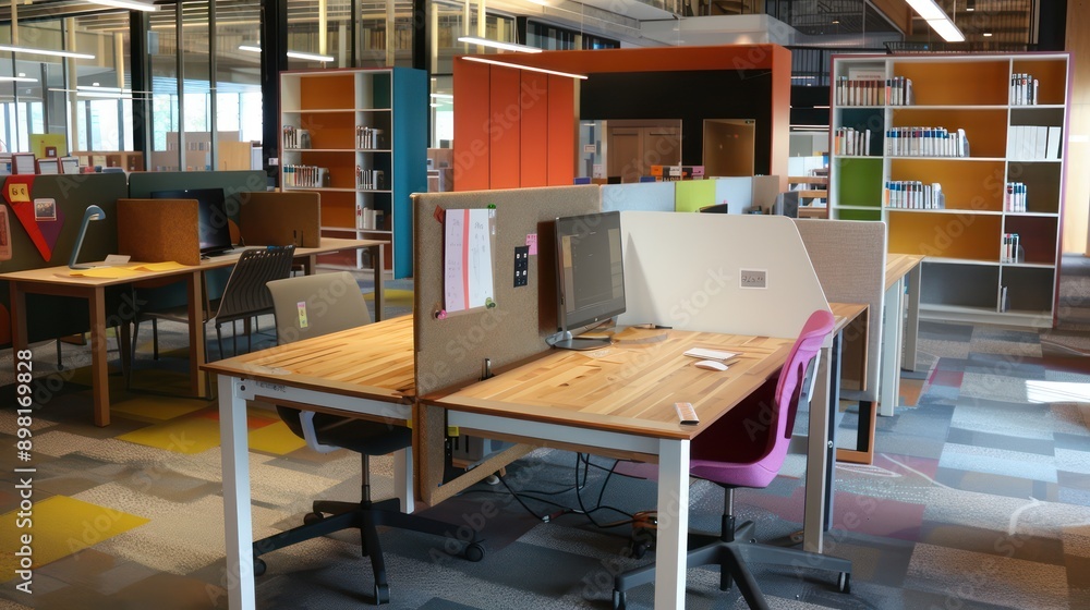 pop-up office in a public library, with temporary workstations, communal tables, and access to extensive resources pop-up office in a public library, with temporary workstations, communal tables, and access to extensive resources