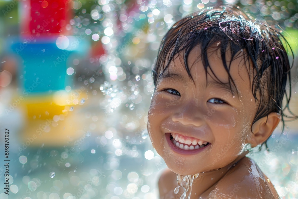 A joyful child enjoying the refreshing splash of water at an outdoor park, surrounded by bright colors and bokeh effect, symbolizing childhood fun and happiness. A joyful child enjoying the refreshing splash of water at an outdoor park, surrounded by bright colors and bokeh effect, symbolizing childhood fun and happiness.