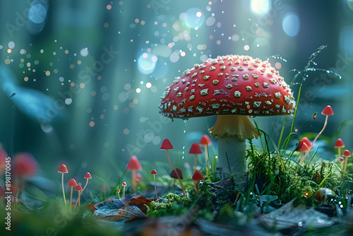 Wallpaper Mural Captivating and mystical enchanted forest mushroom scene with vibrant red amanita fungi and whimsical bokeh in a lush, magical woodland habitat Torontodigital.ca
