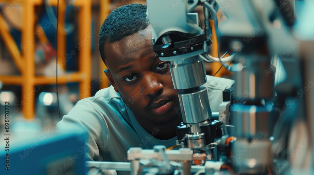 Close-up of an African American technician working with his team to inspect and maintain a robot arm in a factory workplace. Close-up of an African American technician working with his team to inspect and maintain a robot arm in a factory workplace.