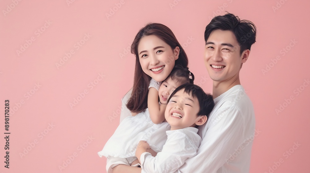 A Happy Family Portrait Against a Soft Pink Background A Happy Family Portrait Against a Soft Pink Background