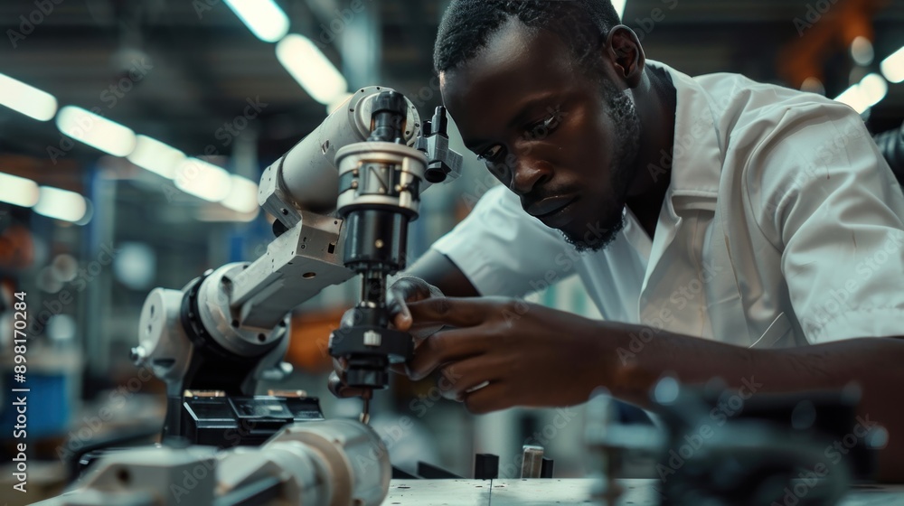 Close-up of an African American technician working with his team to inspect and maintain a robot arm in a factory workplace. Close-up of an African American technician working with his team to inspect and maintain a robot arm in a factory workplace.