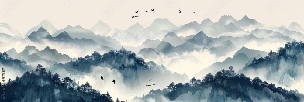 Chinese style ink painting, mountains and forests in the fog, birds flying above Chinese style ink painting, mountains and forests in the fog, birds flying above