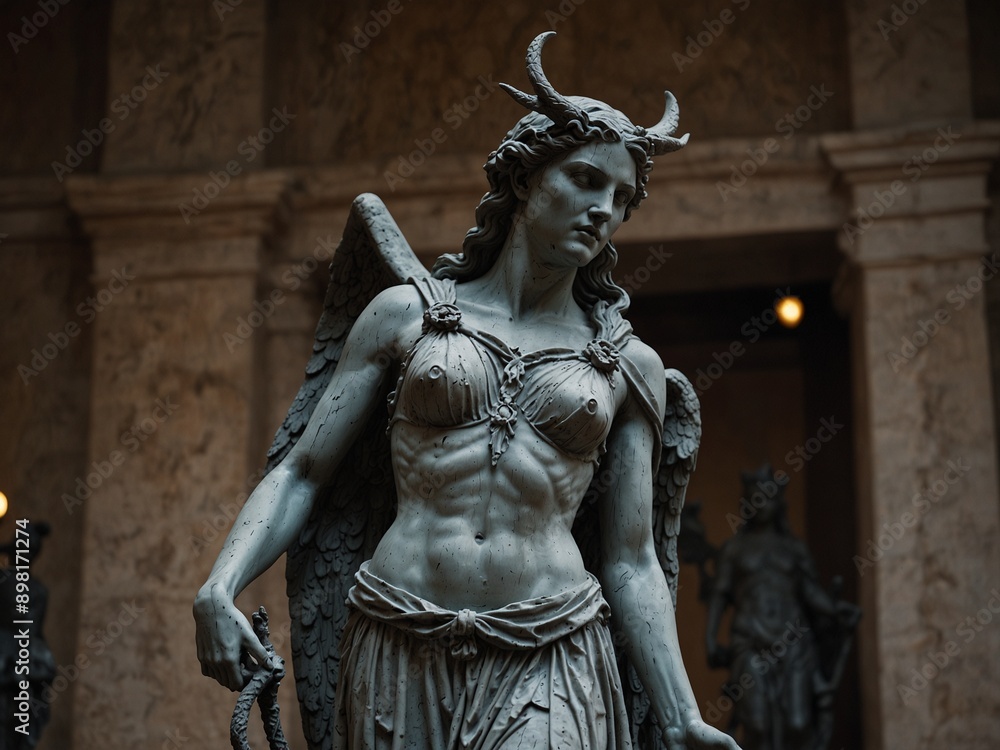 Statue of Erinyes, holding a whip and torch, with a grim entrance to the underworld in the background. Statue of Erinyes, holding a whip and torch, with a grim entrance to the underworld in the background.