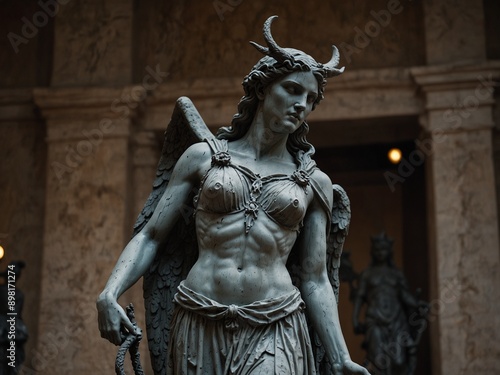 Statue of Erinyes, holding a whip and torch, with a grim entrance to the underworld in the background. photo