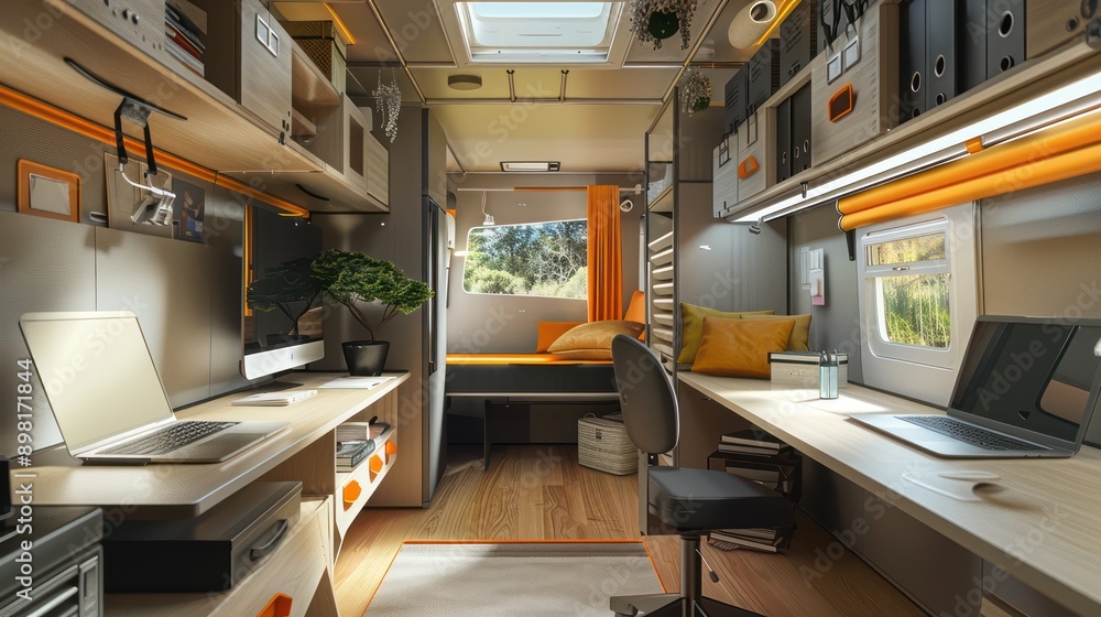 compact and functional office space in a modern trailer park, featuring modular furniture and innovative storage solutions compact and functional office space in a modern trailer park, featuring modular furniture and innovative storage solutions
