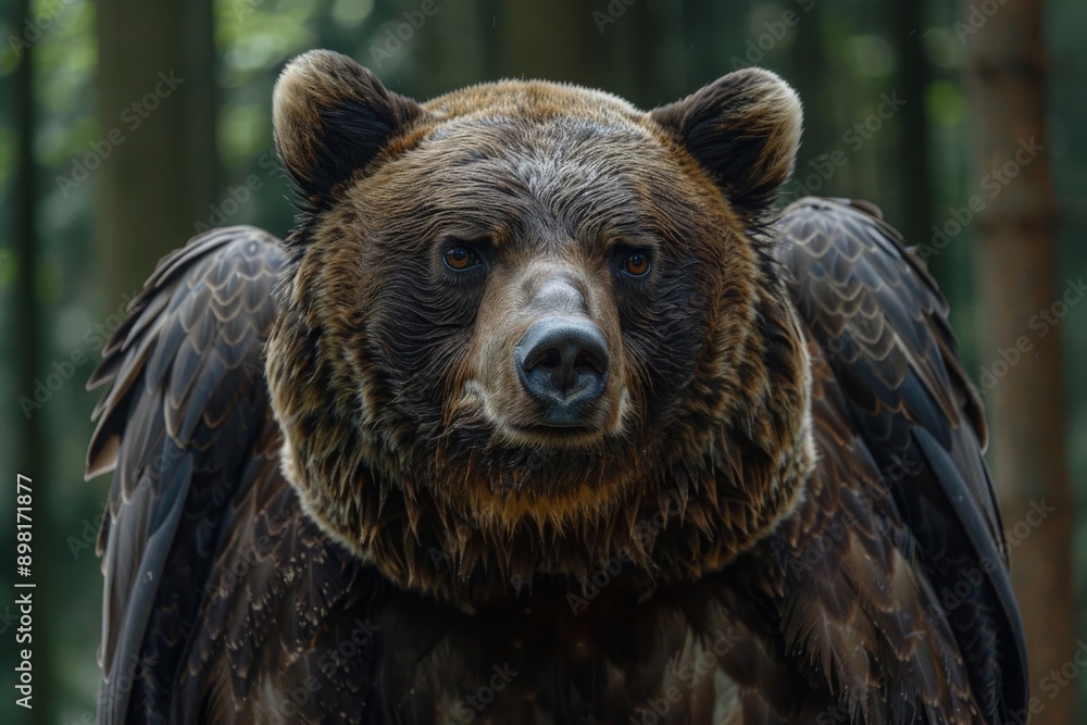Obraz premium A striking image of a bear with bird's wings standing amidst a green forest backdrop, representing a fantastical cross-species hybrid in a natural, woodland setting.