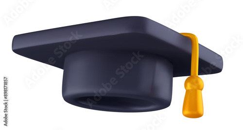 Graduation black cap of college or high school. Realistic 3d vector illustration. Education design element in cartoon minimal style.