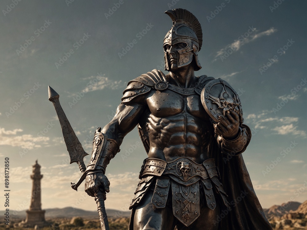 Fototapeta premium Statue of Ares, wearing battle armor, holding a sword, with a battlefield in the background.