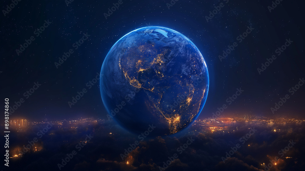 Obraz premium A detailed and vibrant representation of a planet, possibly Earth, with city lights illuminating its surface. The continents are distinctly visible, with the brightest lights concentrated in areas