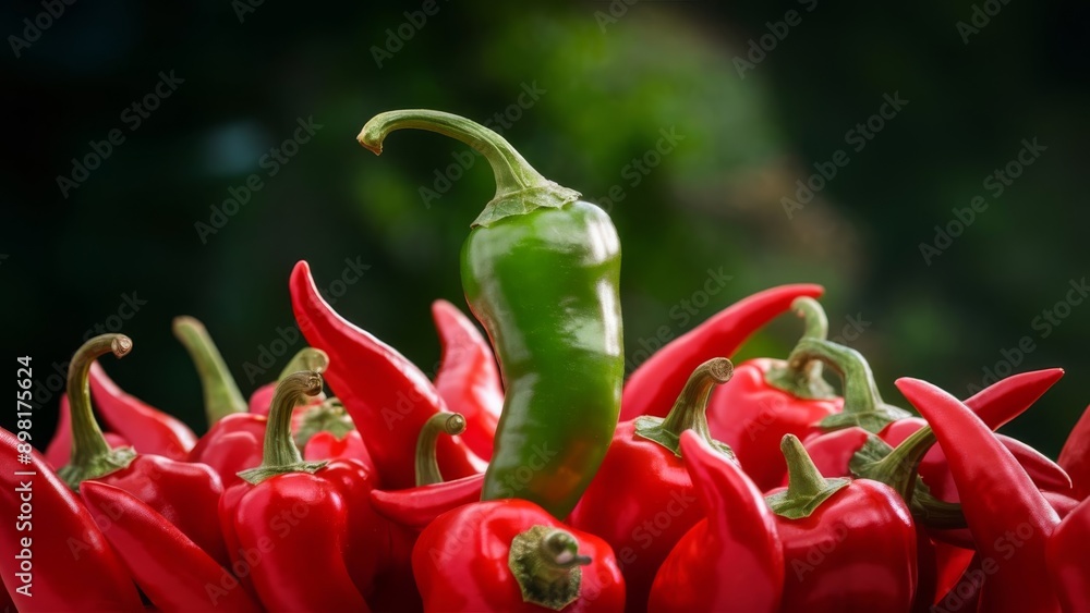 Unique green chilli pepper among a group of red ones Unique green chilli pepper among a group of red ones