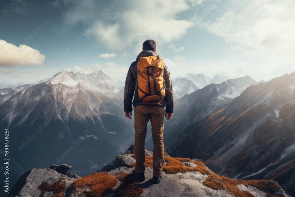 Male hiker mountain backpacking adventure. Male hiker mountain backpacking adventure.