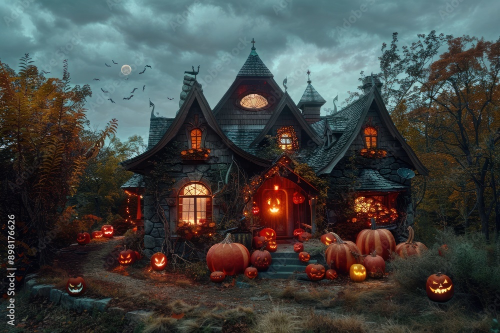 Enchanting Haunted House Decorated with Jack-o'-Lanterns for Halloween Enchanting Haunted House Decorated with Jack-o'-Lanterns for Halloween