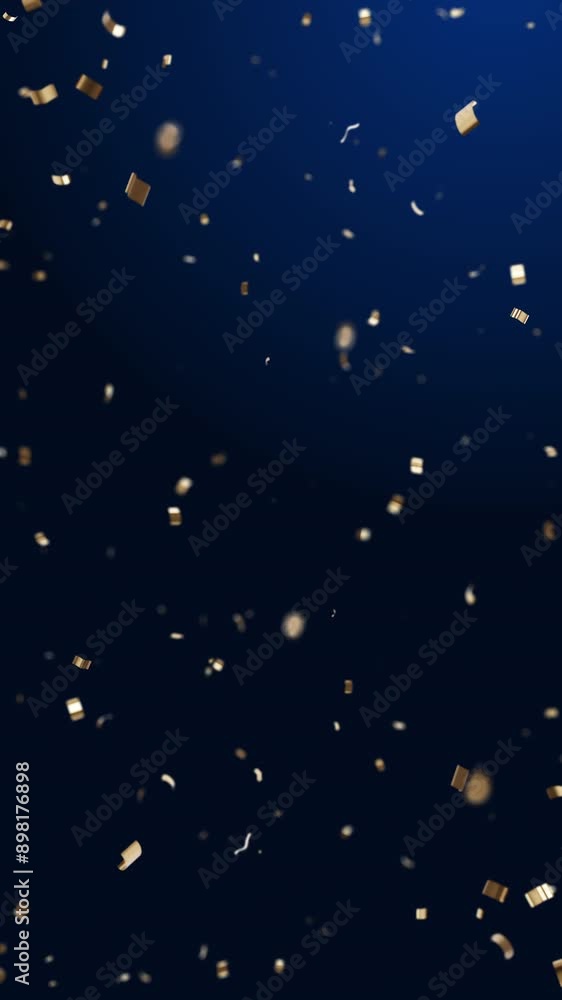 Gold confetti falling on elegant blue background for luxury celebrations festive in vertical videos.. Gold confetti falling on elegant blue background for luxury celebrations festive in vertical videos..