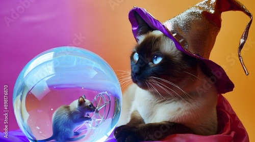 Siamese Cat Wearing a Wizard s Hat Gazing into a Crystal Ball Revealing a Mundane Mouse Routine photo