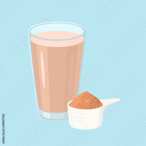 Protein shake with chocolate flavour. Drink in glass and protein powder in measuring spoon. Vector cartoon flat illustration.