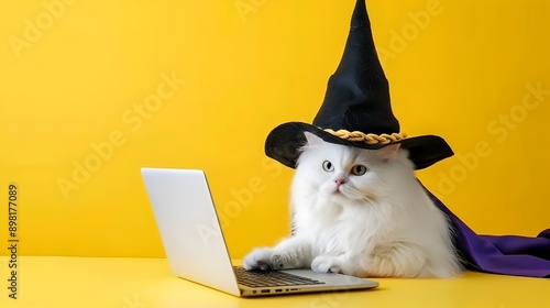 Adorable Feline Witch Working on Laptop During Halloween Season